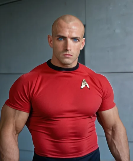 1boy, 20 year old male, Handsome, masculine, blonde, star trek, red shirt, muscle, tall, tight shirt, wide pectorals, big shoulders, wide shoulders, muscular neck, German, bald, big pale blue eyes, abs, biceps, serious facial expression, phaser, hand,
stunf, star trek uniform,