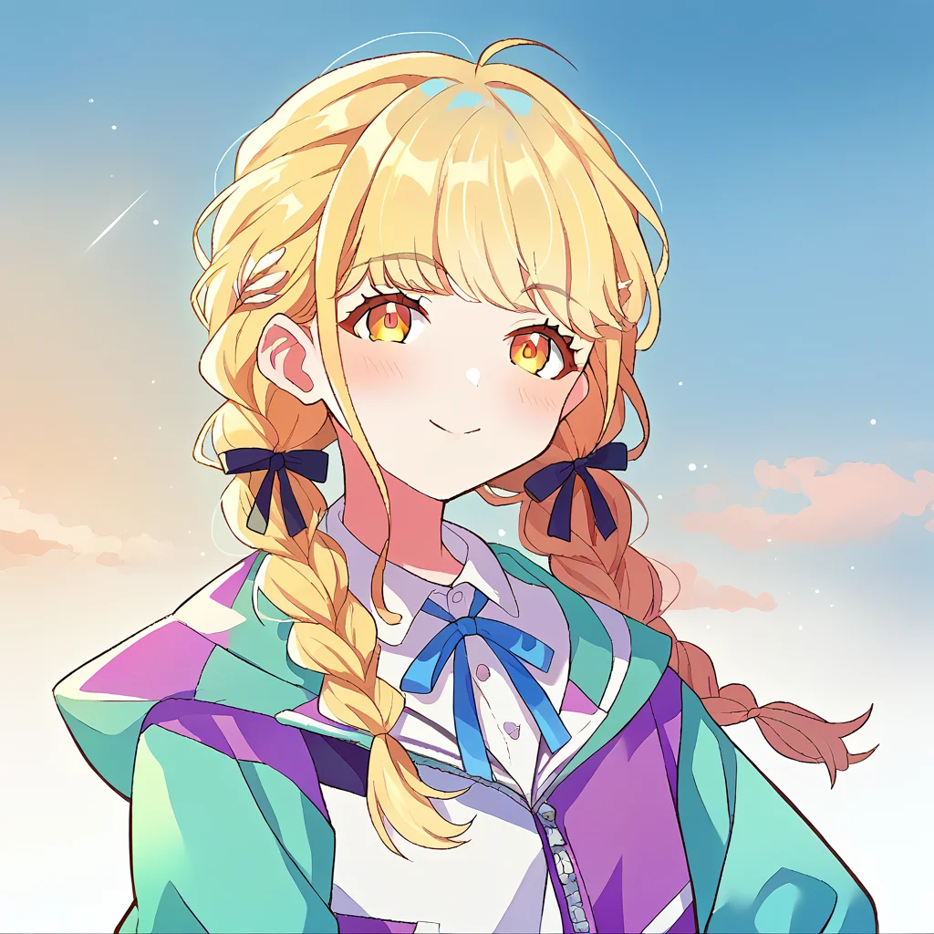 score_9, score_8_up, score_7_up,source anime, BREAK, 1girl, fujita_kotone, light smile, clear sky, ribbon, multicolored jacket,
<lora:gakuen_idolmaster_pony_v2:1>