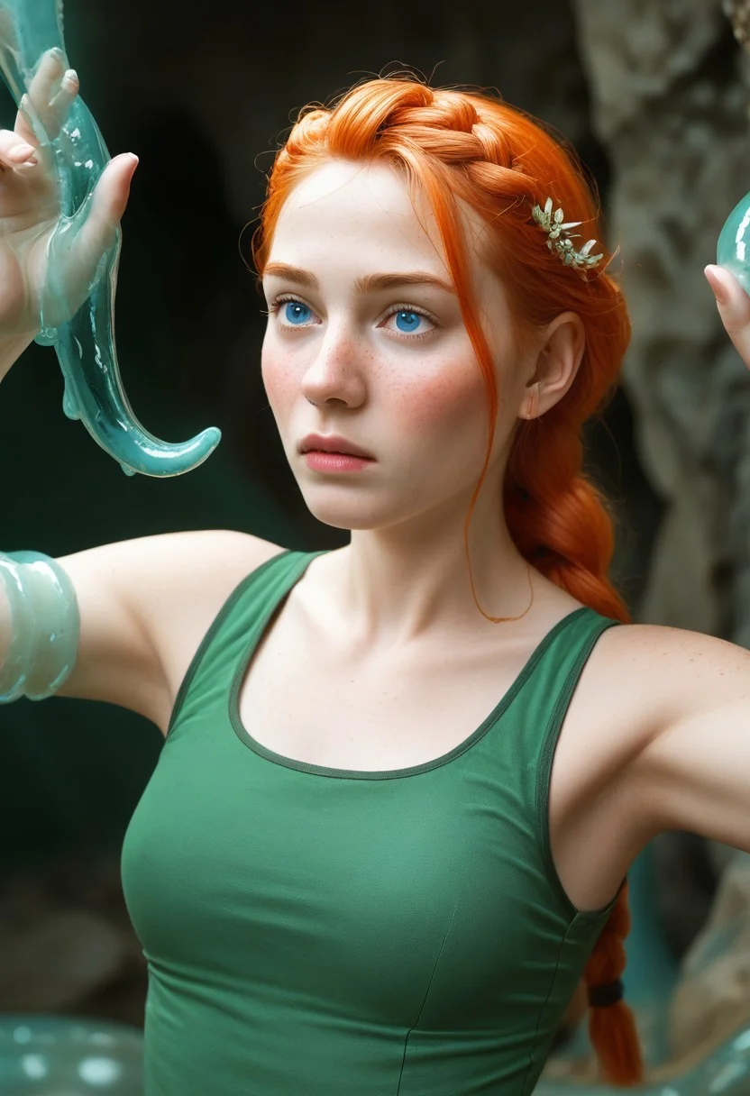 score_9, score_8_up, score_7_up, BREAK
masterpiece, best quality, amazing quality, very aesthetic, portrait, incoth, (incase:0.6), adult, female, solo, (depth of field), cave, underground
beautiful 25yo girl, beautiful face, round cheeks, long ginger hair, crown braid, single braided ponytail, fair skin, blue eyes, freckles, blushing, medium breasts
green tank top
action pose, combat, fight, hands grabbing tentacles
Looking down, embarrassed, tentacle_luminescent, tentacle_slime, bulged tentacle