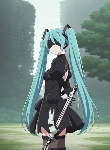 (masterpiece), (best quality), (intricate details, very aesthetic), absurdres, highres, cinematic light, 1girl, <lora:anime_screencap:1> anime screencap, anime coloring, hatsune miku, 2b \(nier:automata\) \(cosplay\), twintails, aqua hair, covered eyes, black dress, juliet sleeves, white gloves, mole under mouth, ruins, nature, city, tree, looking at viewer, serious, weapon behind back, sword