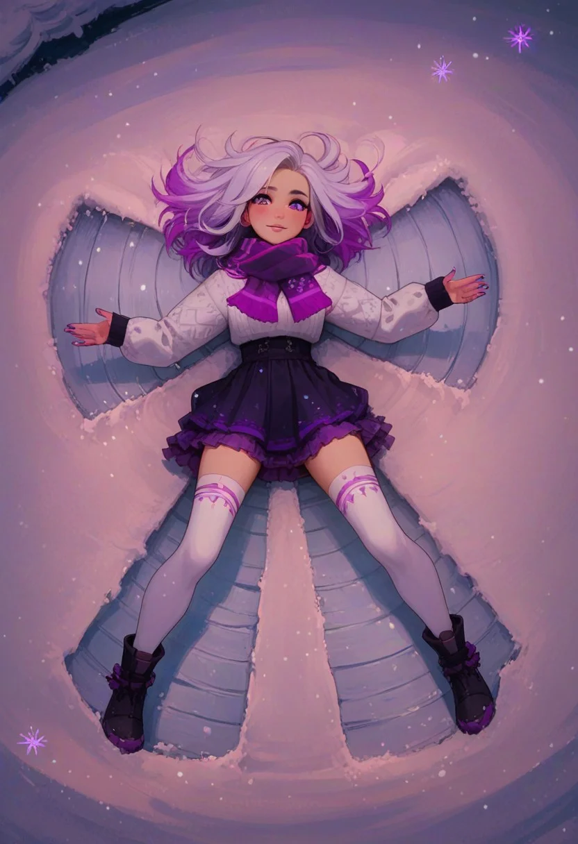 score_9, score_8_up, score_7_up, score_6_up,
1girl, 25 years old, perfect face, close view,
purple eyes,
multicolored hair, colored inner hair, white hair, purple glowing hair, purple glowing scarf,
white sweater, long sweater, long sleeves,
purple nails,
purple skirt, layered skirt,
white thighhighs,
winter, snow, snowing, glowing snowflakes,
snow angel, lying, on back, full body, spread arms, spread legs, from above,
night, dark,