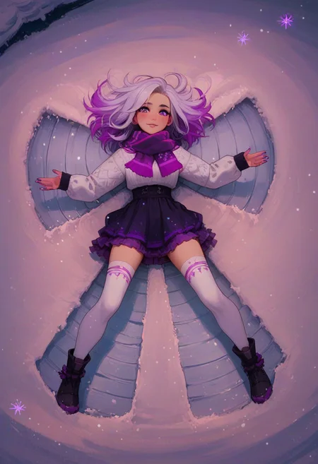score_9, score_8_up, score_7_up, score_6_up, 
1girl, 25 years old, perfect face, close view, 
purple eyes, 
multicolored hair, colored inner hair, white hair, purple glowing hair, purple glowing scarf, 
white sweater, long sweater, long sleeves,
purple nails, 
purple skirt, layered skirt, 
white thighhighs, 
winter, snow, snowing, glowing snowflakes,
snow angel, lying, on back, full body, spread arms, spread legs, from above,
night, dark,