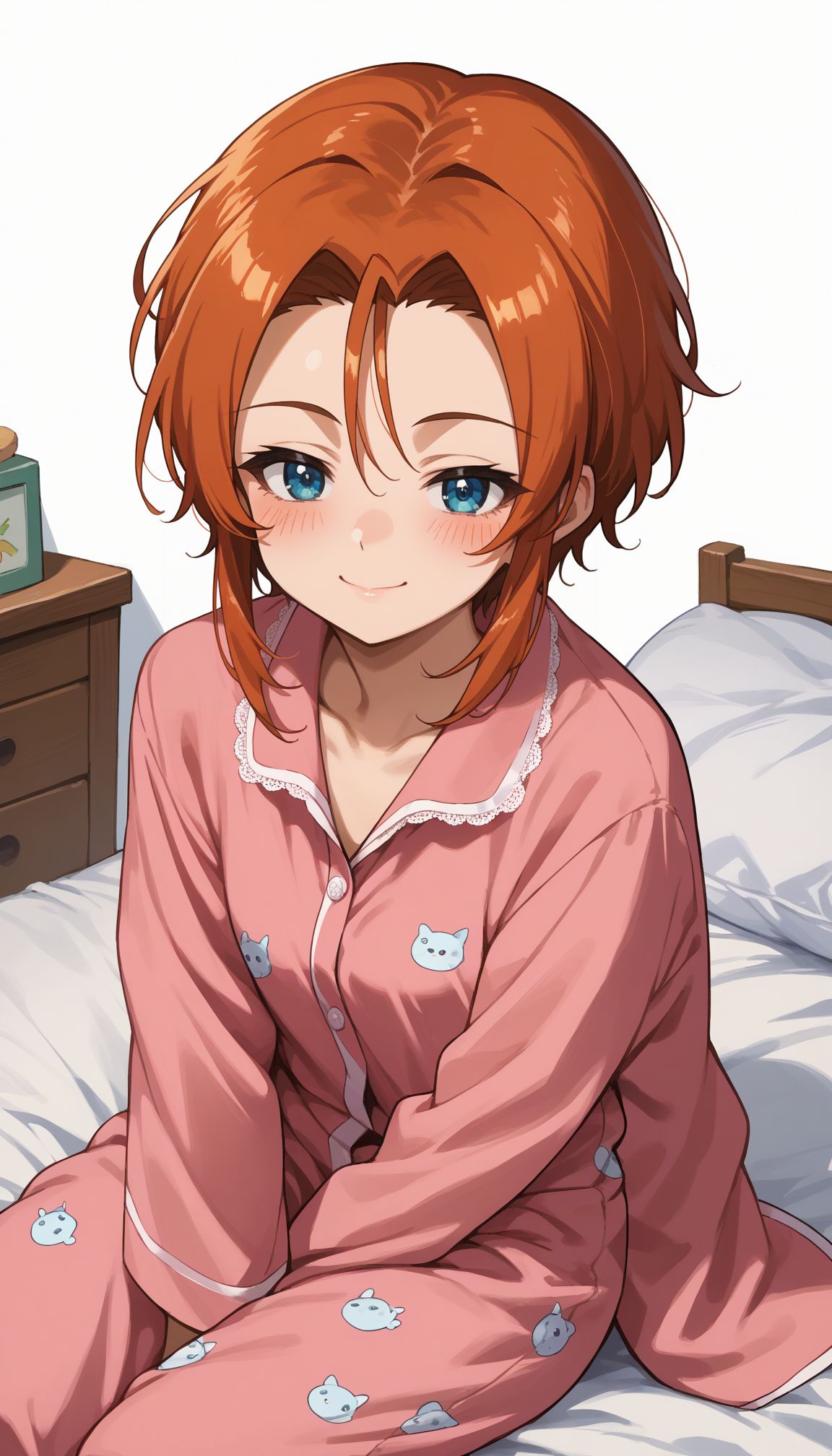 score_9, score_8_up, score_7_up, source_anime,,
 <lora:GUPHelmet:1>, GUPHelmet, 1girl, blue eyes, , smile, looking at viewer, blush, closed mouth, white background, short hair, 
half-closed eyes, pajama, on bed, sitting,
