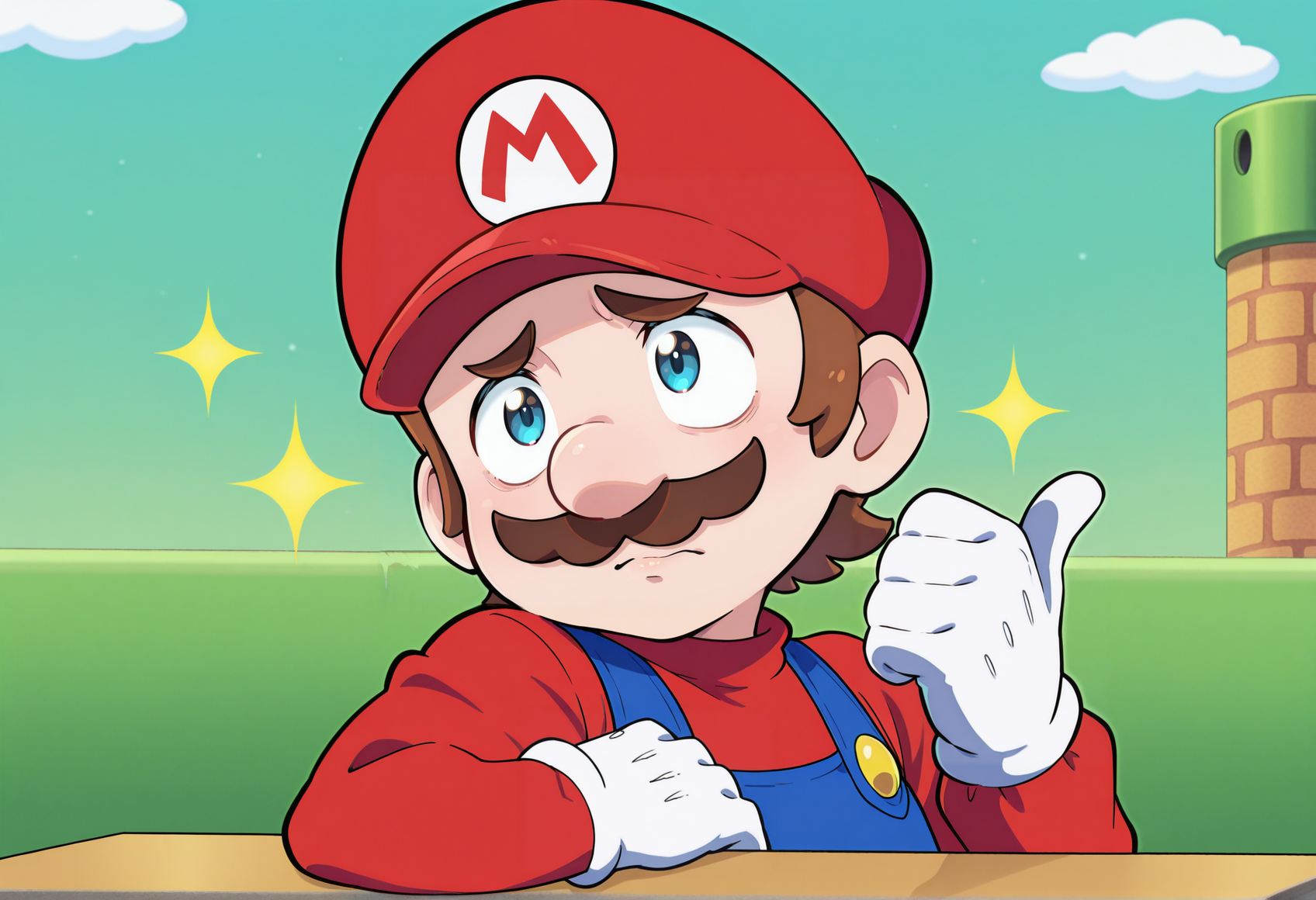 anime screenshot, anime screencap, anime coloring,  look_at_my_tsukasa, parody, sparkles, upper body, thumbs up, table, 1boy, mario, cap, mustache,   <lora:Look_at_my_Tsukasa_medalist_meme:1>, masterpiece, best quality, amazing quality, very aesthetic, absurdres, highres, newest