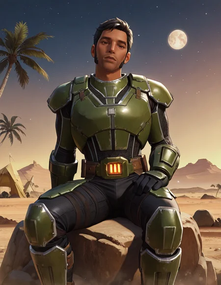 masterpiece, best quality, newest, perfect quality, intricate details, detailed background, male focus, realistic, solo, <lora:SWTOR - Rass Ordo - Illustrious-000005:0.7> rass_ordo, 1boy, black hair, sideburns, dark skin, brown eyes, breastplate, shoulder armor, body suit, wrist bracers, gloves, belt, pants, armored knee boots, looking at viewer, contrapposto, outdoors, desert, palm trees, large building, tent, evening, stars, moon, spacecraft, sitting, on rock, head tilt