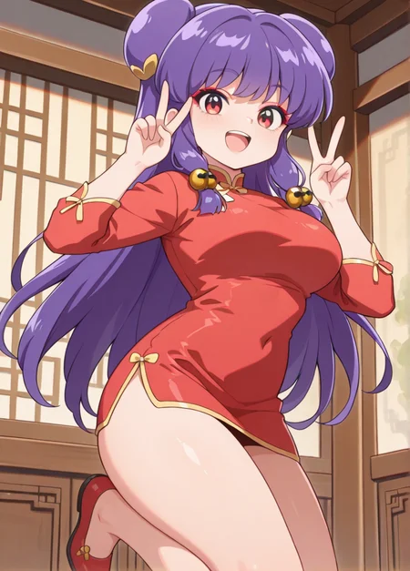 masterpiece, best quality, amazing quality, very aesthetic, absurdres, newest, detailed background, 4k, 8k,
shampooxd, 1girl, dress, solo, purple hair, chinese clothes, breasts, double v, v, red eyes, smile, long hair, open mouth, china dress, double bun, looking at viewer, red footwear, hair bun, red dress, large breasts, hair ornament, :d, hair bell, bangs, short dress, bell, thighs,
medium breasts, <lora:Shampoo_-_Ranma_12_Remake_Illustrious:1>
