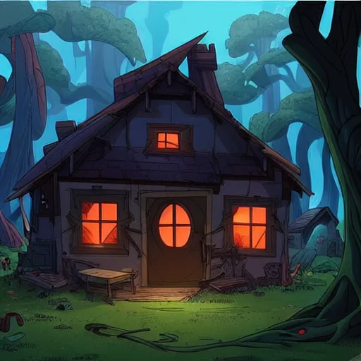 a scene of a tattered cottage in the middle of a huge and thick forest, dynamic lighting, bright lights, dwspop forest
