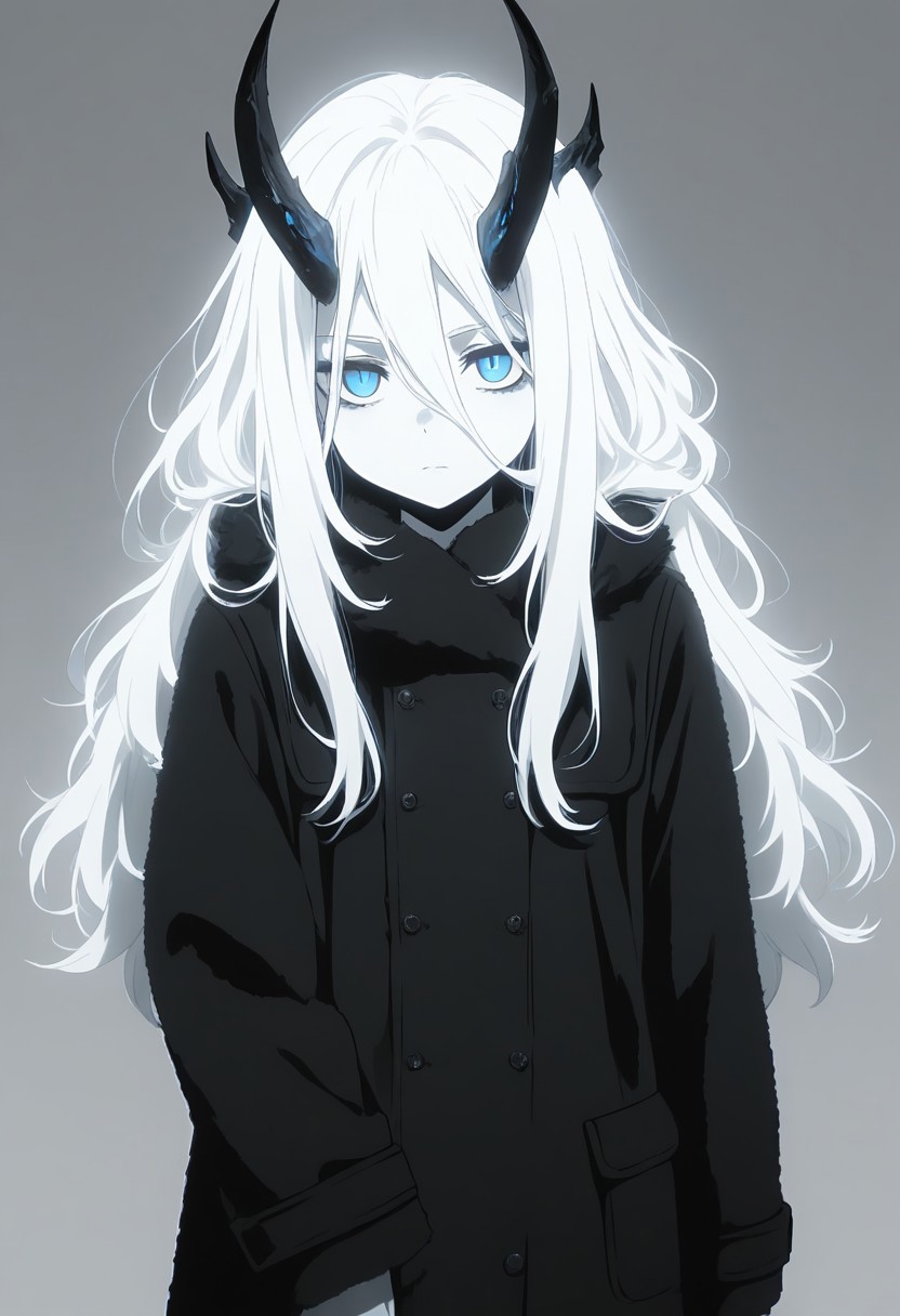 masterpiece, best quality, amazing quality, LDSCH, aesthetic, solo, 1girl, horns, long_hair, coat, blue_eyes, white_hair, monochrome, looking_at_viewer, simple_background, hair_between_eyes, long_sleeves