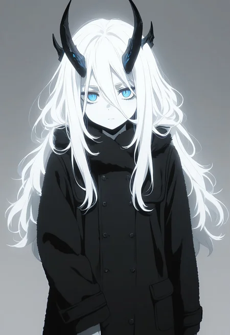 masterpiece, best quality, amazing quality, LDSCH, aesthetic, solo, 1girl, horns, long_hair, coat, blue_eyes, white_hair, monochrome, looking_at_viewer, simple_background, hair_between_eyes, long_sleeves