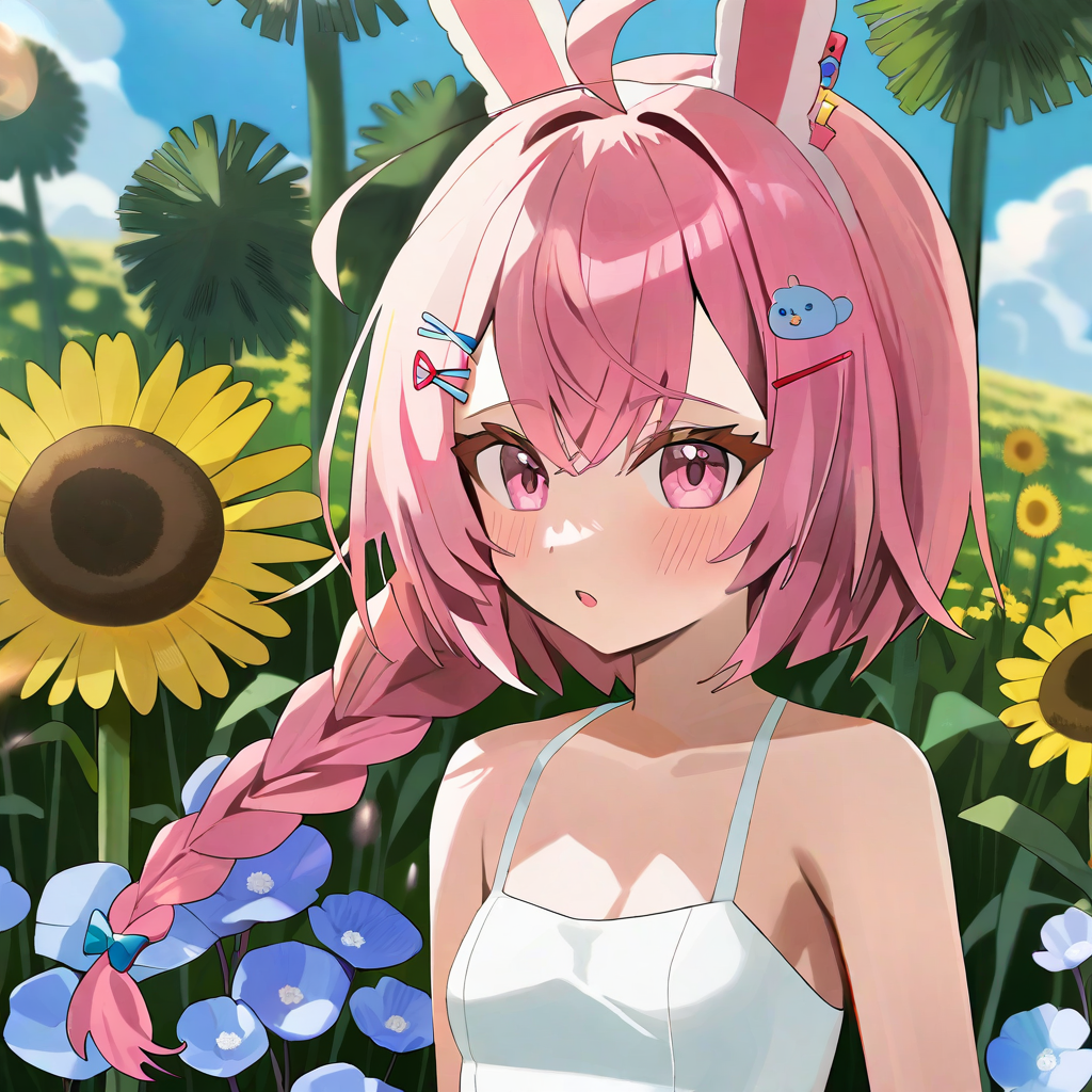 by hoodxart, 2D anime, pipkin pippa, 1girl, solo, animal  ears, pink eyes, pink hair, blush, bangs, ahoge, hairclips, hair ornament, braid, (small breasts, flat chest:1.5), white sundress, looking away from viewer, 
standing, upper body, in a field of flowers, sunny day, 
 <lora:pipkin_pippa_XL:1>