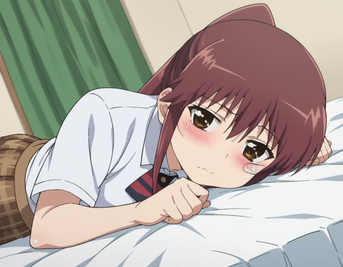 score_9, score_8_up, score_7_up, source_anime,
rikosuminoe, <lora:riko-suminoe-ova-ponyxl-lora-nochekaiser:1>,
riko suminoe, long hair, brown hair, brown eyes, ponytail, bandaid, bandaid on face, sidelocks,
skirt, shirt, school uniform, white shirt, socks, plaid, kneehighs, plaid skirt,
indoors, bed, bed room, on side, blush, drunk,
looking at viewer, dutch angle, cowboy shot,