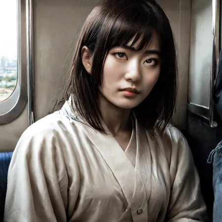 score_9, score_8_up, score_7_up, masterpiece, very high quality, japanese woman, asian face, 1 girl, high cheekbones, flat nose, very wide face, grey eyes, gray eyes, sitting, white shirt, jeans, epiCPhoto, legsonthetra1n, from front, sitting across from viewer, train interior, leg focus