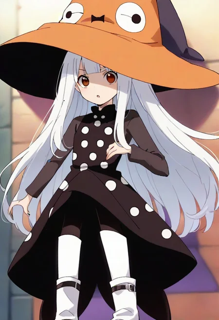 source_anime, anime, (vivid colors, bright colors:1.1),, adult, white hair,long hair,bangs,orange hat, thin hat, witch hat, black dress,black pantyhose,white boots,polka dots,polka dot dress, <lora:Eureka_Frog_v10:1>,