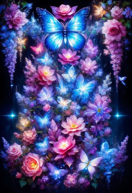 made of sparkling amethyst crystal,chinese blue wisteria and glowing blue butterflies, glowing pink and yellow butterflies against a pitch-black background Painterly,  surreal, vibrant glow, bokeh, 8k,Pink_Roses, blue_flower,pink_flower,white_flower,yellow_flower,grappe_flower,cherry blossoms,red_flower,purple_flower,back_roses,made of sparkling amethyst crystal