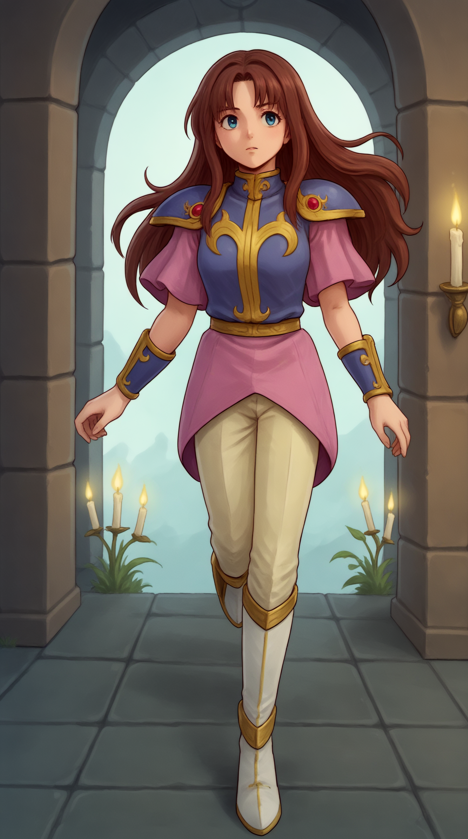 score_9, score_8_up, score_7_up, best background, detailed background, 4k, upscale, anime_source,  Alis Landeel, Main Outfit, solo, long hair, ruins, walking, indoors, candles,  <lora:JN_Alis_Landeel_Pony:0.8>