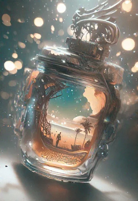 breathtaking vector cartoon illustration, shallow depth of field, bokeh, design of a beach contained in a bottle and a skeleton enjoying the view inside it in the afternoon, orange color tone award winning, highly detailed.