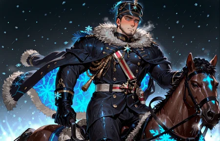 <lora:pose_Riding_for_Illustrious:.7> giddyup, horseback riding <lora:addon_sweaty_v2:1.3>, ((sweatILL, sweaty, steamy, wet skin, sweatdrop)), 
<lora:face_Edwin__Alchemist_Code-000004:.7>, tagatameedwin, 1boy, black hair, dark blue eyes, short hair, solo, male focus, manly, bara, mature male, muscle body, shako hat, fur trim, snowflakes pin, coat, aiguillette, shirt, sash, gloves, glowing pattern, tassel, pants, boots,
cowboy shot, 
(very short hair, beard, bara, mature, facial hair, stubble, beard, full beard, sideburn, beard, a lot of beard, ), facial hair,male focus, muscular male, muscular male, bara, mature,  bara, mature, aixiwuganda_(20222192), very awa, masterpiece, best quality, absurdres, newest, perfect quality, detailed background, intricate details,
<lora:slider_Body Type_alpha1.0_rank4_noxattn_last:3><lora:Anime Summer Days 2 Style SDXL_LoRA_Pony Diffusion V6 XL:.6><lora:slider_cfg_scale_boost:.7><lora:Artist6p:.55>, Artist6p, Artist04p,<lora:slider_il_brightness_slider_d1:-1><lora:slider_il_contrast_slider_d1:-1><lora:slider_DarkSlider1.2_alpha1.0_rank16_full_300steps:-.6><lora:slider_contract_controller_illus01_v1:.5>,