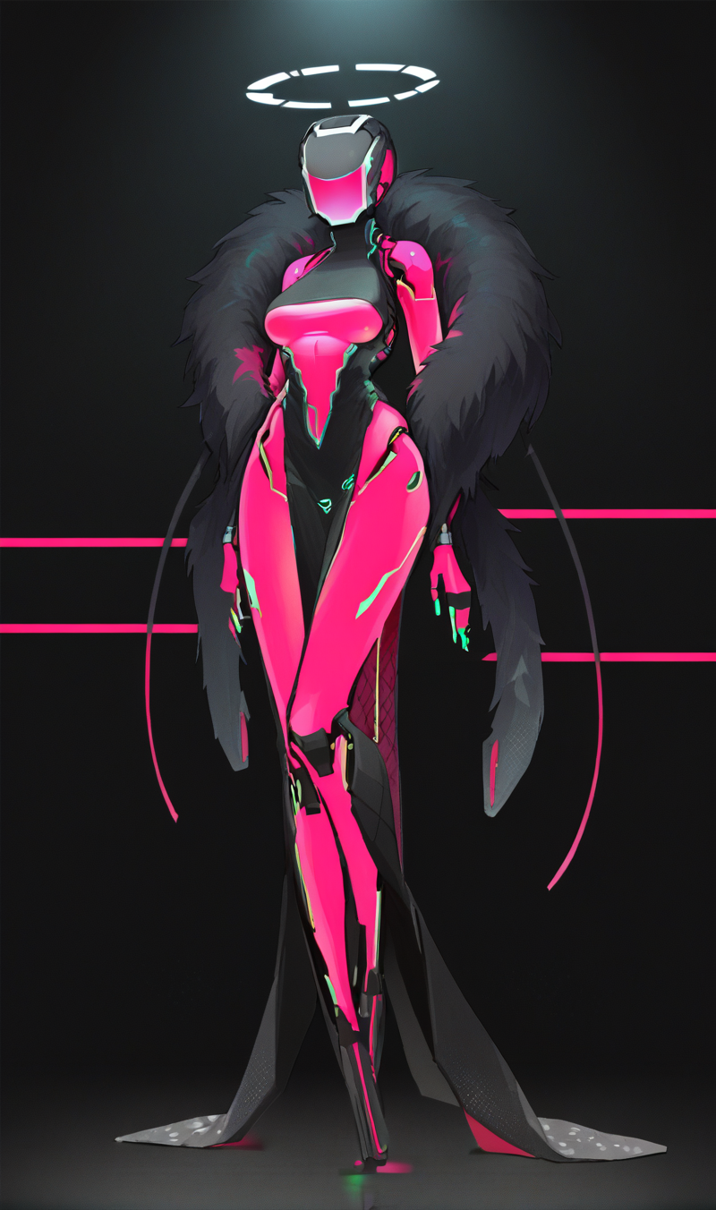 Score_9, score_8_up, score_7_up, score_6_up,  source_anime, 1girl, solo, full body, black backdrop, robot girl,  neon trim, glowing bodysuit, halftones, medium breasts, halo, glowing visor,  <lora:HORiZON_DOLLS_by_EchanisEnicha-000010:1>, BREAK, low cleavage, deep v cut dress, pelvic curtain, feather boa