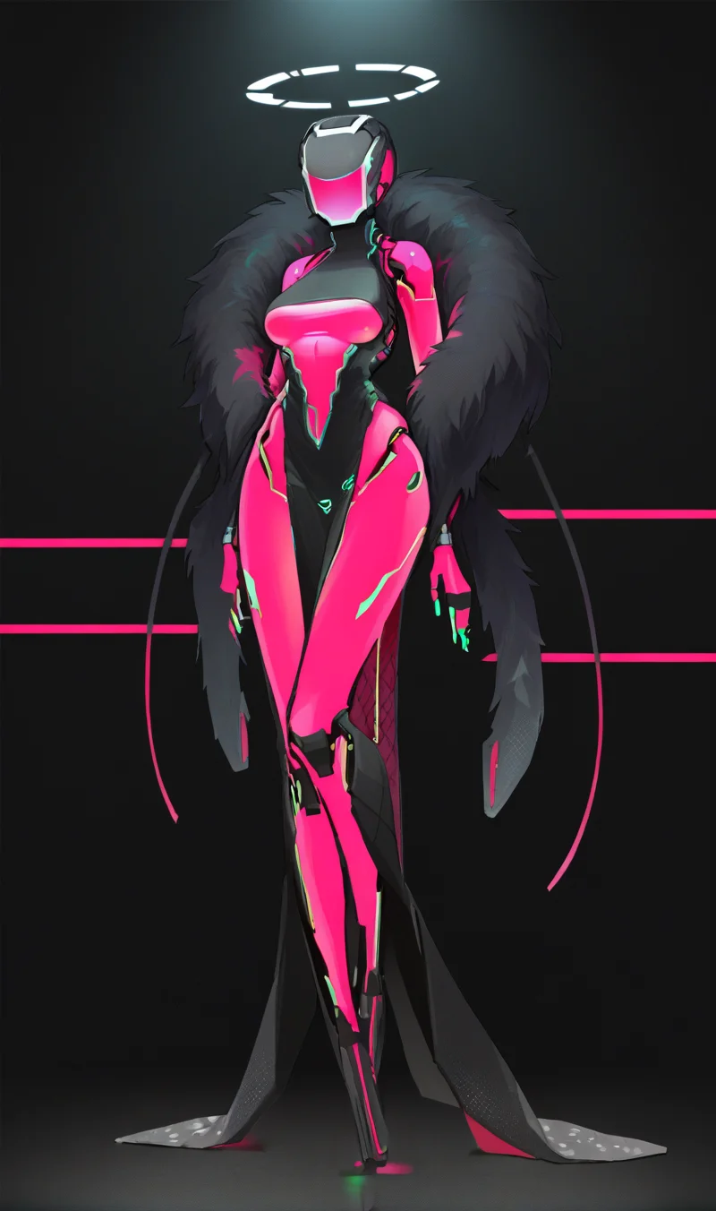 Score_9, score_8_up, score_7_up, score_6_up, source_anime, 1girl, solo, full body, black backdrop, robot girl, neon trim, glowing bodysuit, halftones, medium breasts, halo, glowing visor, <lora:HORiZON_DOLLS_by_EchanisEnicha-000010:1>, BREAK, low cleavage, deep v cut dress, pelvic curtain, feather boa
