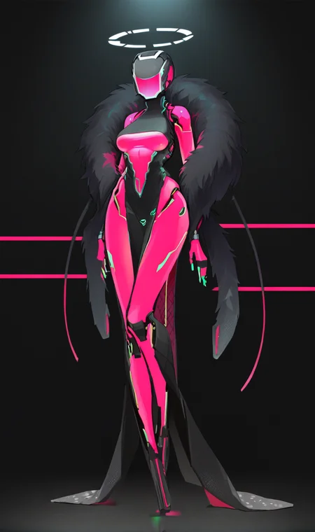 Score_9, score_8_up, score_7_up, score_6_up, source_anime, 1girl, solo, full body, black backdrop, robot girl, neon trim, glowing bodysuit, halftones, medium breasts, halo, glowing visor, <lora:HORiZON_DOLLS_by_EchanisEnicha-000010:1>, BREAK, low cleavage, deep v cut dress, pelvic curtain, feather boa