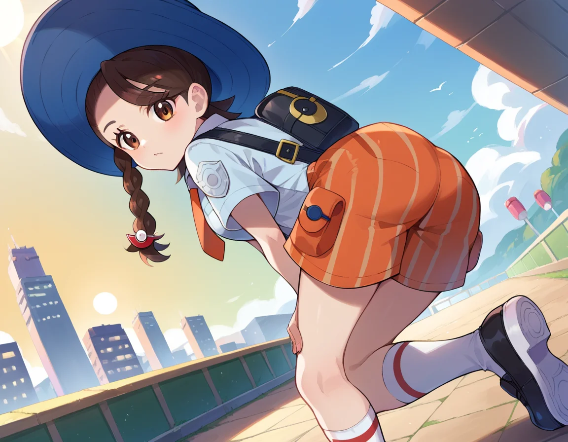 score_9, score_8_up, score_7_up, source_anime,
pokemonjuliana, <lora:pokemon-juliana-ponyxl-lora-nochekaiser:1>
pokemonjuliana, braid, brown eyes, brown hair, hair ornament, hairclip, side braid, single braid, swept bangs,
backpack, bag, black footwear, blue headwear, blue shirt, breast pocket, collared shirt, hat, kneehighs, naranja academy school uniform, necktie, orange necktie, orange shorts, pocket, school uniform, shirt, shoes, short sleeves, shorts, socks, striped, striped shorts, sun hat, white socks,
outdoors, cityscape, bent over,
looking at viewer, cowboy shot, dutch angle,