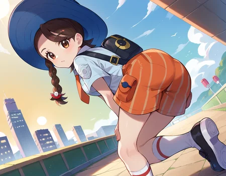 score_9, score_8_up, score_7_up, source_anime,
pokemonjuliana, <lora:pokemon-juliana-ponyxl-lora-nochekaiser:1>
pokemonjuliana, braid, brown eyes, brown hair, hair ornament, hairclip, side braid, single braid, swept bangs,
backpack, bag, black footwear, blue headwear, blue shirt, breast pocket, collared shirt, hat, kneehighs, naranja academy school uniform, necktie, orange necktie, orange shorts, pocket, school uniform, shirt, shoes, short sleeves, shorts, socks, striped, striped shorts, sun hat, white socks,
outdoors, cityscape, bent over,
looking at viewer, cowboy shot, dutch angle,