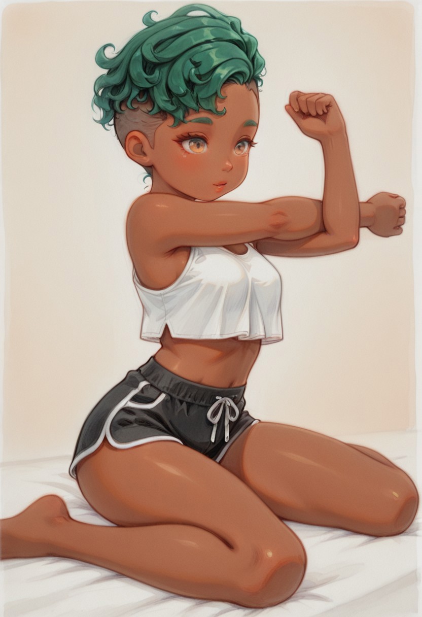 highly detailed, traditional media, 1girl, wariza, brown skin, green curly hair, undercut, crop top overhang, dolphin shorts, stretching