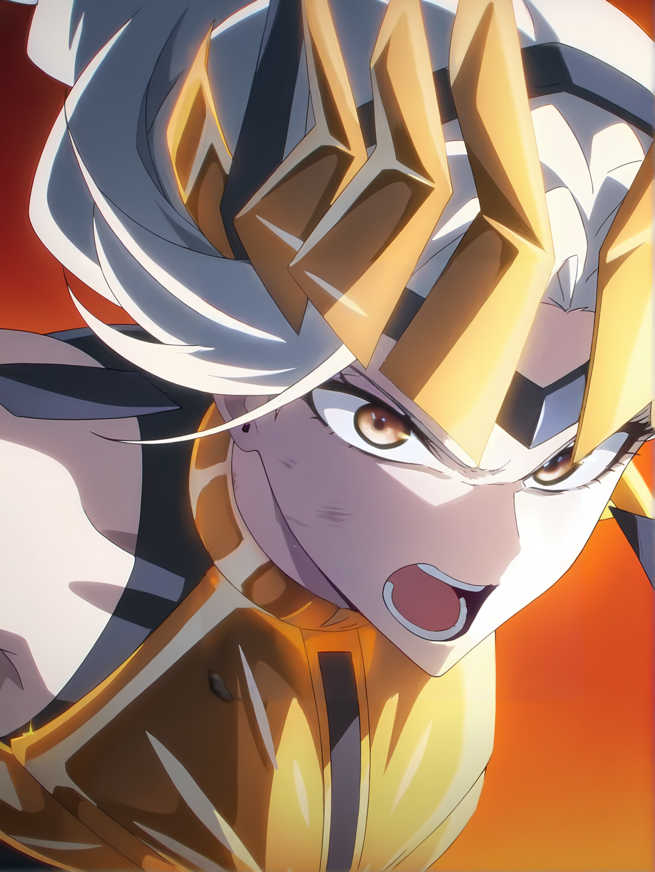 <lora:Queen:0.8>queen, 1girl, solo, white long braided hair, yellow eyes, black hanafuda earrings, gold crown, gold armor, bare shoulders, gold armored arms, angry, rage, frowning, intense glare, determined, mad, dynamic pose, open mouth, dynamic view, looking at viewer, orange background, cool lighting