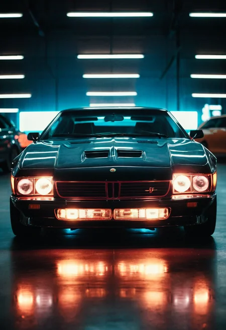 ClassicSportsCar, gleaming prototype, symmetrical front view, bright headlights, neon lights, glass background, light reflections, 4K, highly detailed, (stylish grainy analog 35mm film photo:1.2)