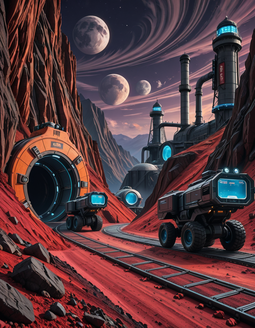 A futuristic mining outpost on a distant, rocky planet with a harsh, alien landscape. The mine entrance is a massive, reinforced metal tunnel carved into the side of a jagged, dark-red mountain. Advanced, glowing blue energy lights line the entrance, illuminating the metallic tracks that lead deep underground. Large, heavily-armored mining vehicles with mechanical arms and drills are stationed nearby, extracting rare minerals from the rock. The ground is covered in fine, reddish dust, kicked up by the movement of autonomous robotic drones that transport ore to a towering industrial refinery in the background. The sky is a deep, dark purple with swirling clouds and two distant moons casting a cold, eerie glow. In the distance, futuristic habitation domes with transparent walls house workers in protective exosuits, their silhouettes visible inside. A neon-lit control tower monitors operations, its holographic screens displaying real-time data. The atmosphere is both desolate and technologically advanced, evoking a sense of exploration and survival on the edge of the galaxy.
<lora:SDXLFaeTastic2400:0.4> <lora:extremely_detailed:0.4> extremely detailed,futuristic mining 0utp0st, <lora:futuristic_mining_0utp0st-i:1>, Masterpiece,best quality,hi res,8k,hi res,8k,award winning,(sharp focus, intricate, highly detailed),