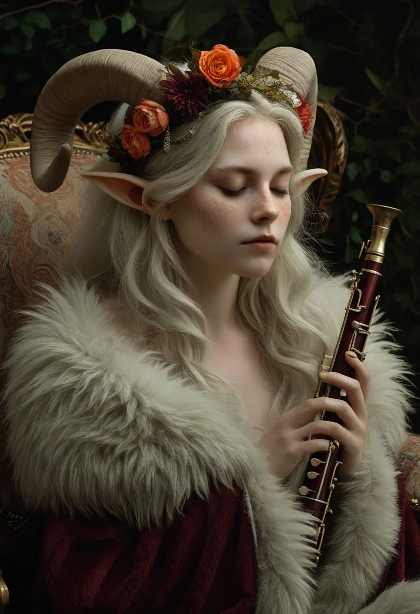 This image is a fantasy-themed portrait featuring a light-skinned woman with prominent, curved ram-like horns emerging from her forehead. She has light-colored, possibly blonde or white, wavy hair, adorned with an elaborate floral crown made of muted, dried-looking flowers and foliage. Her eyes are closed, and her head is tilted slightly back as if in a state of reverie or musical ecstasy.
She has pointed, elfin-like ears that blend with her hair and the floral arrangement. Her lips are painted a vibrant red, and she is holding a silver-colored flute to them, suggesting she is either about to play or has just finished playing.
Her upper body is bare, and she is draped in a plush, reddish-brown or burgundy faux fur wrap that covers her shoulders and arms, contrasting with her pale skin which appears to have a scattering of freckles. She is seated in what appears to be an ornate, upholstered chair, hinted at by the pattern visible on the armrest to her right. The background is dark and indistinct, focusing all attention on the figure. The lighting appears to be soft and dramatic, highlighting her features and the textures of her hair, horns, and the fur wrap. The overall impression is one of mythical beauty and an ethereal connection to nature or music.