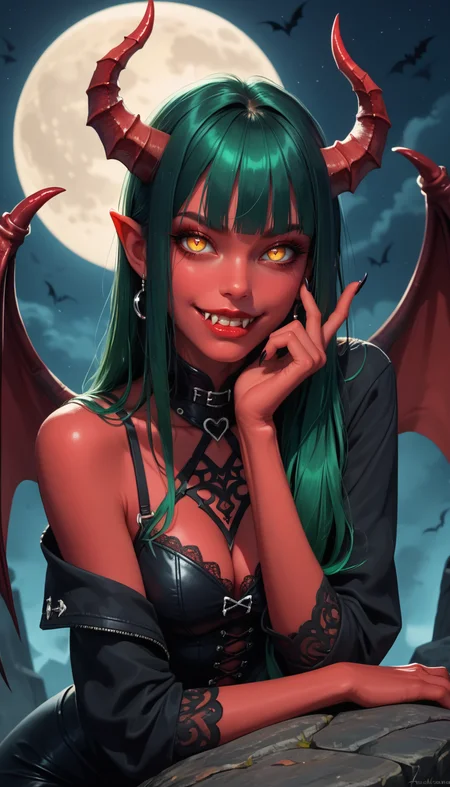 score_9, score_8_up, score_7_up, Portrait, cute succubus girl, glossy red skin, seductive, innocent, light smile:0.3, plump lips, slender body, sitting over a rock, gothic, large demon red wings high resolution textures, long green hair, abstract art, half demon, yellow iris, cat eyes, vampire very long fangs, demon horns, moonlight passing through hair, full moon background, 4n1v3rs3, depth of field, dynamic angle, fashion photography, sharp, hyperdetailed:1.15