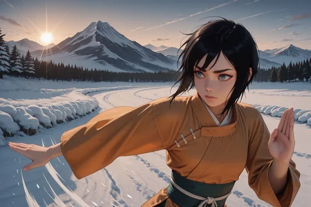 masterpiece,best quality,amazing quality,newest, absurdres, highres, detailed eyes, beautiful, perfect eyes, finely detailed face, very aesthetic,
<lora:Mia:1> 1girl, miawl, black hair, short hair, blue eyes, small breasts,slim,
shaolin clothes, orange toga,
mountain, snow, action stance, wind motion lines,
light depth, dramatic atmospheric lighting, Volumetric Lighting
