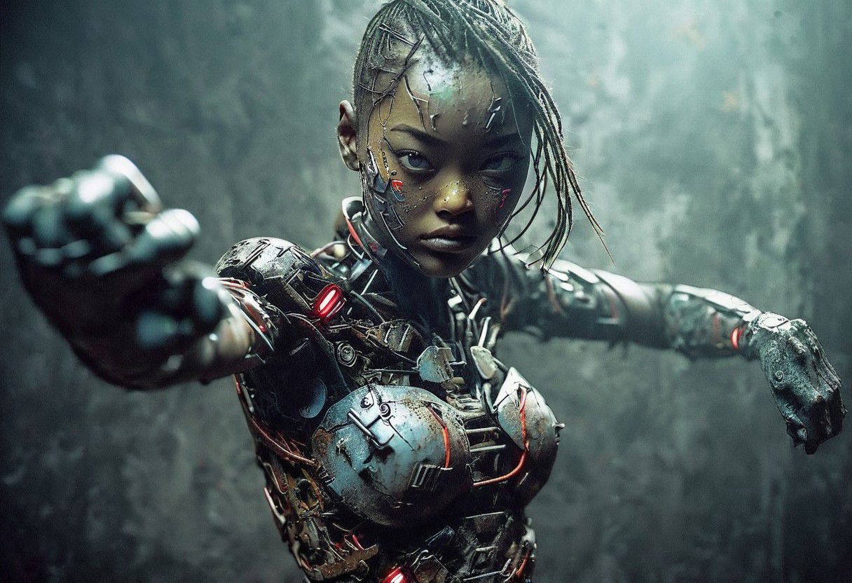 Super Face Closeup, a neon cyborg space-age fight stance Martial arts fighter, knee up , fists Up, enhancing her body with old Matte black weathered cyborg technology, Underground Lot, Dimmed light foggy
 very detailed, atmospheric haze, Film grain, cinematic film still, shallow depth of field, highly detailed, high budget, cinemascope, moody, epic, OverallDetail, gorgeous, 2000s vintage RAW photo, photorealistic, candid camera, color graded cinematic, eye catchlights, atmospheric lighting, skin pores, imperfections, natural, shallow dof