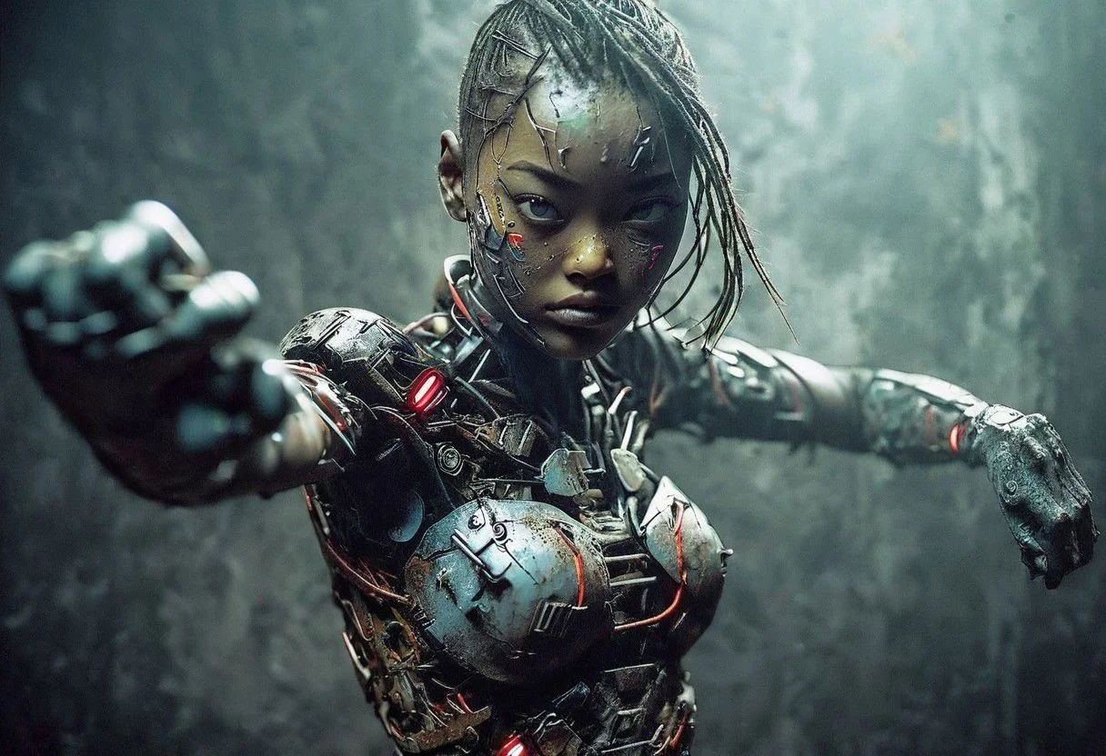 Super Face Closeup, a neon cyborg space-age fight stance Martial arts fighter, knee up , fists Up, enhancing her body with old Matte black weathered cyborg technology, Underground Lot, Dimmed light foggy
very detailed, atmospheric haze, Film grain, cinematic film still, shallow depth of field, highly detailed, high budget, cinemascope, moody, epic, OverallDetail, gorgeous, 2000s vintage RAW photo, photorealistic, candid camera, color graded cinematic, eye catchlights, atmospheric lighting, skin pores, imperfections, natural, shallow dof