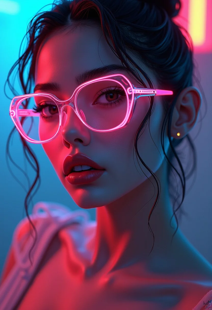 Similar graph, a cyberpunk girl, Wear clear neon glasses, cyberpunk., golden ratio details, 32k uhd, fantasy, cyberpunk, intricate, decadent, highly detailed, digital painting, ever after high, octane render, artstation, concept art, smooth, sharp focus, illustration, art by artgerm, loish, wlop. (heartwarming, uplifting, charming), (UHD, masterpiece, detailed eyes, detailed face, highest quality), (light leaks, subsurface scattering, rim light, beautiful lighting and shading, deep background, vibrant complementary colors, sharp focus) , high resolution, 85mm, f1.8, photo realistic,photography of porn actress posing, penthouse style, looking at viewer, front view, full lips, cute, sexy, biting lip, teasing, seductive, provocative, beautiful eyes, perfect face, big boobs, slim body, (latina:1.1), tanned skin,headlights, professional photography, ultra quality, (intricate details:1.2), cinematic lighting, bokeh, masterpiece, (hyperrealistic:1.2), photorealistic, 100mm lens, neon sign with text, " "Feeling lucky, handsome?"