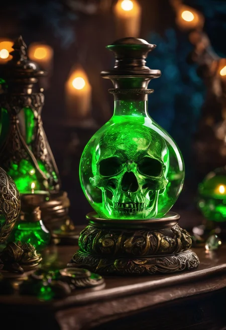 Score_9, Score_8_up, Score_7_up, Score_6_up, Score_5_up, Score_4_up, high_def, highest quality, 4k, best quality, masterpiece, focused, defined, (Photorealistic magic potion:1.3), intricate glass bottle, elixir, (skulls inside potion:0.7), poison green colors, bubbling, ethereal light, flashy lights, magic lights, luminous, dynamic reflections, magical aura, highly detailed, fantasy essence, glowing particles, radiant aura