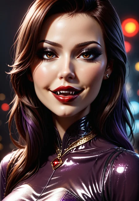 safe_pos, score_9, score_8_up, score_7_up, score_6_up, score_5_up, score_4_up, 1girl, closeup portrait of leu_hanna_1, gothicstyle, (fully clothed), 1girl, solo, 21yo, pale skin, red-burgundy pronounced lips, beautiful eyes, perfecteyes, brown eyes, medium 34D breasts, fit girl, nicely outlined calf muscles, aroused, ((sexy latex dress, red and purple dress, long sleeves)), ((gold choker, bracelets, anklets)), (simple blurred background, depth of field), slim figure, nicely outlined calf muscles, red-burgundy pronounced lips, open mouth, fangs, light smile, dripping saliva, aggresive, simple background, dark brown hair, swept bangs, very long hair, gothic body armor, goth accessories, goth makeup, beautiful eyes, bright colors, high contrast, vivid lighting, rating_safe, BREAK, deep brown eyes, up close, neon hearts lights dark, chiaroscuro, low-key <lora:SDXLCAF-000010:0.7> cigarettesaftersex