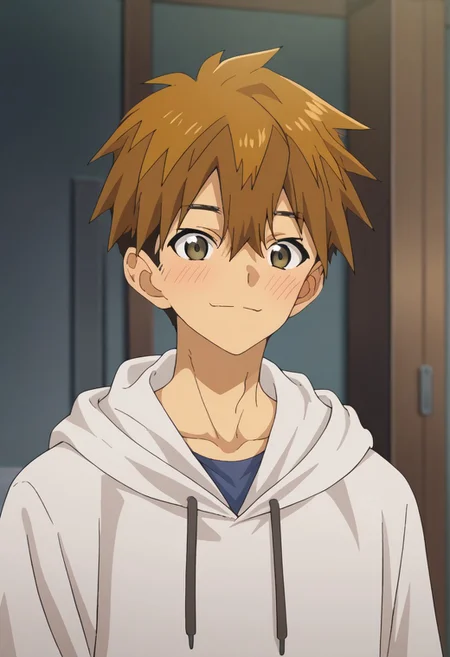 score_9, score_7_up, source_anime,
yokoya, 1boy, male focus, solo, brown eyes, brown hair, hair between eyes, short hair, hoodie, white hoodie, hood, smile, closed mouth, blush,
indoor,