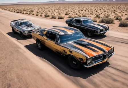 Creates an ultra detailed and realistic image taken by a drone, wide angle, of a race between 2 custom cars, created with parts from many muscle cars, with aerodynamic lines from 1972. The cars have tinted black windows. It is captured in motion with motion blur at full speed through a desert, daylight. Race between 2 cars. The photograph is captured with an Arri Alexa camera, with a zoom lens.
. <lora:Vintage Muscle Car SDXL:1>