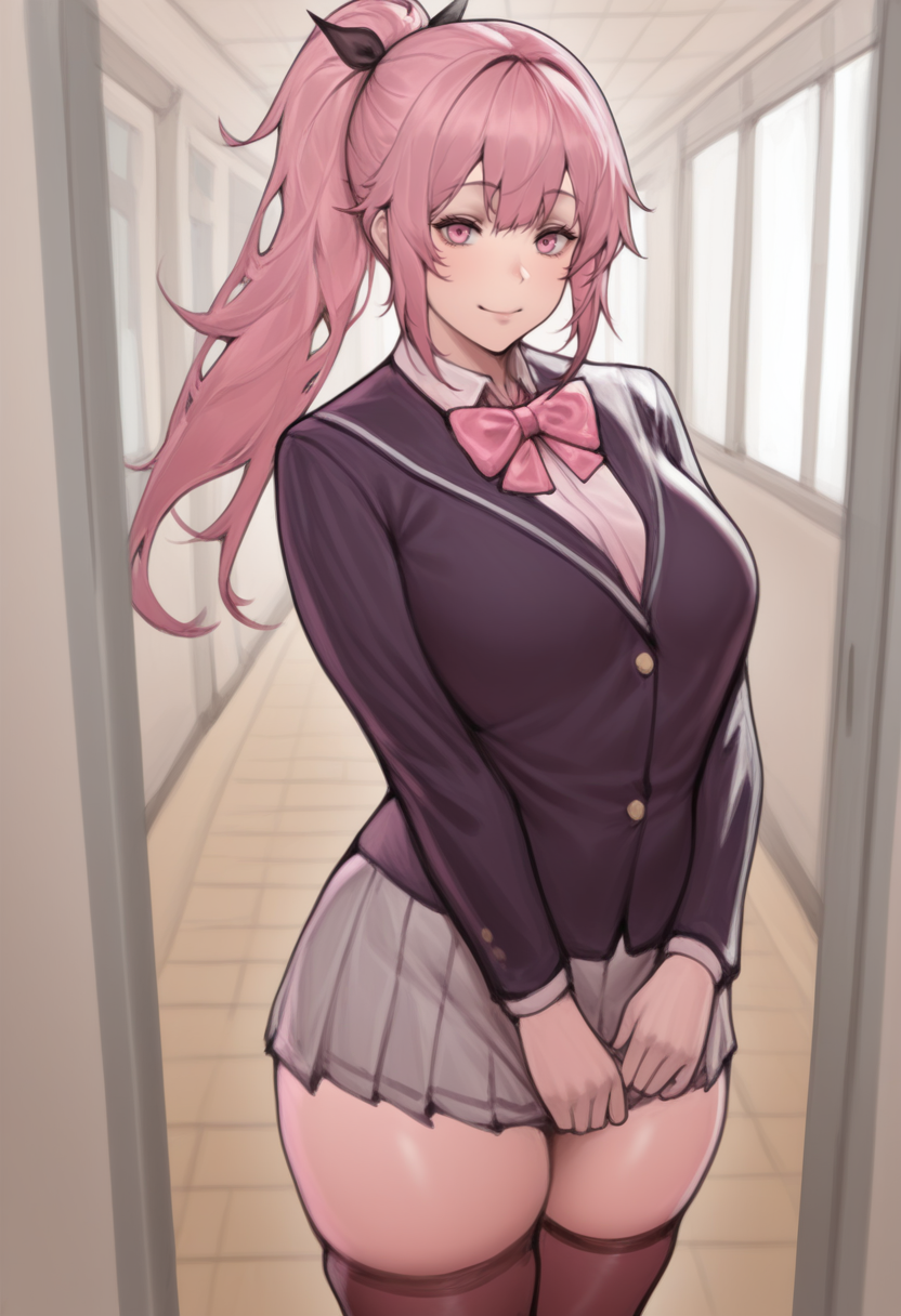 masterpiece, best quality,
1girl, solo,
standing, looking at viewer, happy, closed mouth, pink hair, ponytail, pink eyes, school uniform, bow, long sleeves, skirt, skindentation, thighhighs,
 <lora:Boingoo_Style:1> B01ng00,