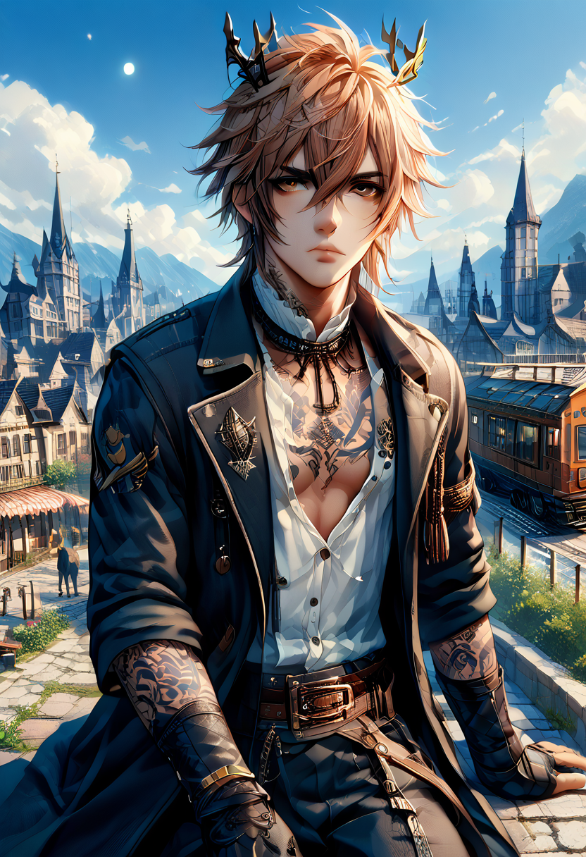 Score_9, score_8_up, score_7_up, rating_safe, (1boy:1, 1), solo, anime, male focus, aged down adult, masked face, tanned body, sense of nostalgia, sun-kissed skin, rosacea, some tattoos, crown tattoo style,, man as hacker, Medium hair, copper hair, choppy layers hair, brown eye, detailed eyes, deerstalker,bib front shirt,plus-fours,wellington boots,lounge coat,shirt studs, outdoors,  Speedwell flowers, time-traveling train station with platforms to various eras background, island  , well  , at Early evening, summer, Rainbow after rain Weather, vintage   atmosphere, holography lighting, sexy look pose, picture frame, overhead shot, amused face, soft shadow shadows, masterpiece, best quality, very aesthetic, absurdres, (embedding:detailxl:1), (embedding:zPDXL2:1)
