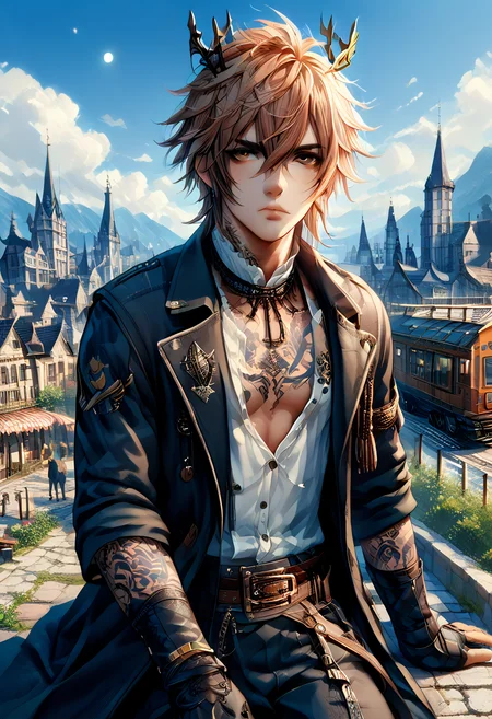 Score_9, score_8_up, score_7_up, rating_safe, (1boy:1, 1), solo, anime, male focus, aged down adult, masked face, tanned body, sense of nostalgia, sun-kissed skin, rosacea, some tattoos, crown tattoo style,, man as hacker, Medium hair, copper hair, choppy layers hair, brown eye, detailed eyes, deerstalker,bib front shirt,plus-fours,wellington boots,lounge coat,shirt studs, outdoors, Speedwell flowers, time-traveling train station with platforms to various eras background, island , well , at Early evening, summer, Rainbow after rain Weather, vintage atmosphere, holography lighting, sexy look pose, picture frame, overhead shot, amused face, soft shadow shadows, masterpiece, best quality, very aesthetic, absurdres, (embedding:detailxl:1), (embedding:zPDXL2:1)