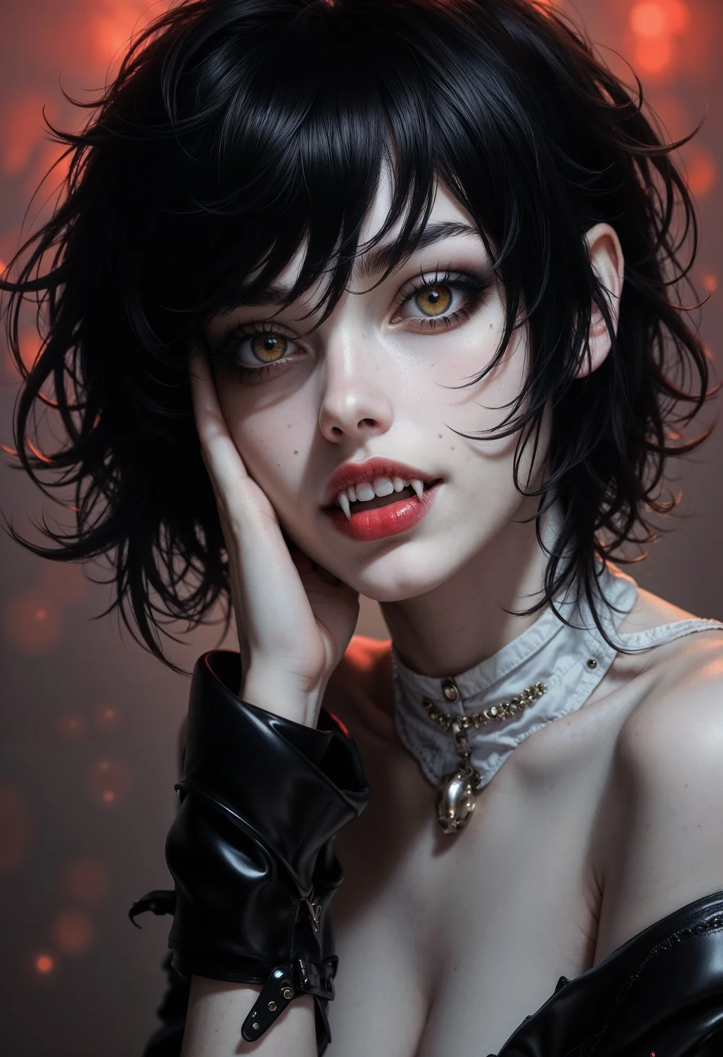 hyperrealistic cyberpunk young woman, short messy wavy black hair, white skin, brown horny eyes, inviting gaze, parted imperial red lips, showing her fangs,
<lora:FluxF4ngs:1>