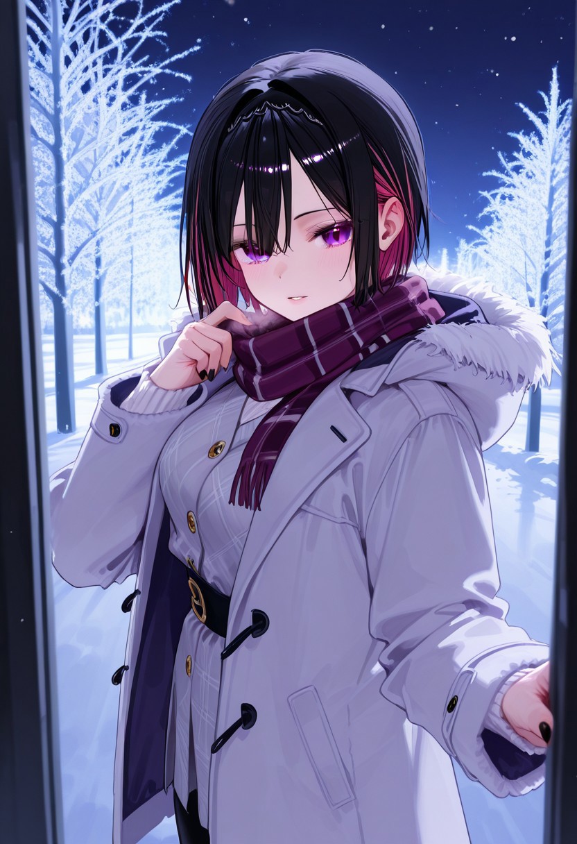1girl.ren_shirayuki, multi colored hair, purple eyes, looking at viewer in winter