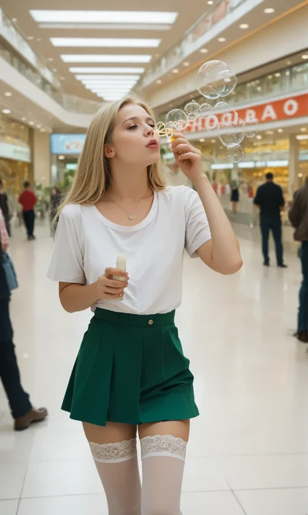 score_9, score_8_up, score_7_up, blobub, (slim girl) in green short skirt and white blouse blowing bubbles in a crowded mall. necklace , holdup stockings, long blonde hair
<lora:BlowBubblesPony:1>