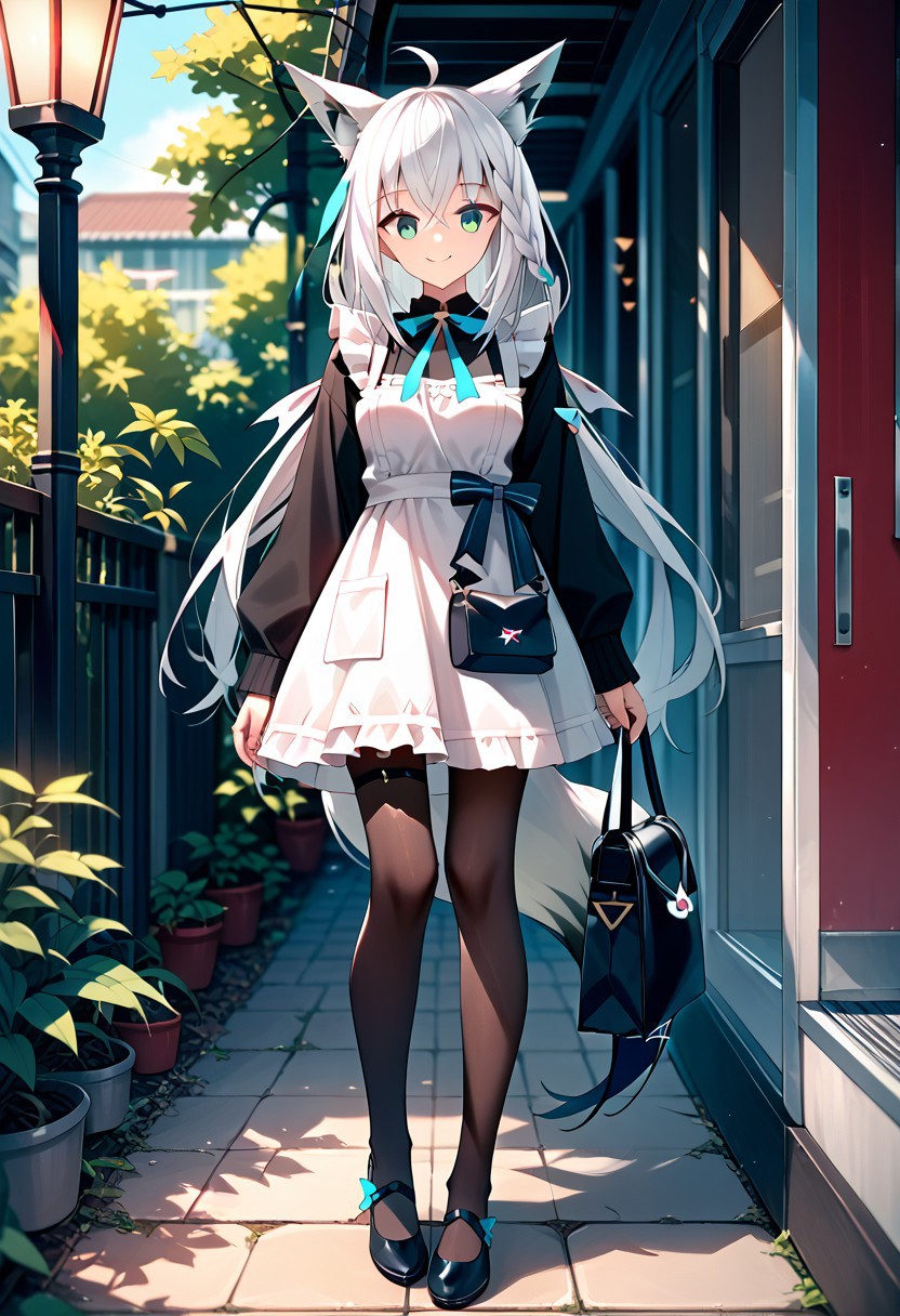 score_9,score_8_up,score_7_up,source_anime, SHIRAKAMI_FUBUKI,1girl,solo,long hair,looking at viewer,smile,bangs,hair ornament,dress,animal ears,hair between eyes,green eyes,tail,full body,braid,ahoge,white hair,pantyhose,frills,virtual youtuber,bag,apron,animal ear fluff,fox ears,thigh strap,fox tail,fox girl,shoulder bag,pentagram,