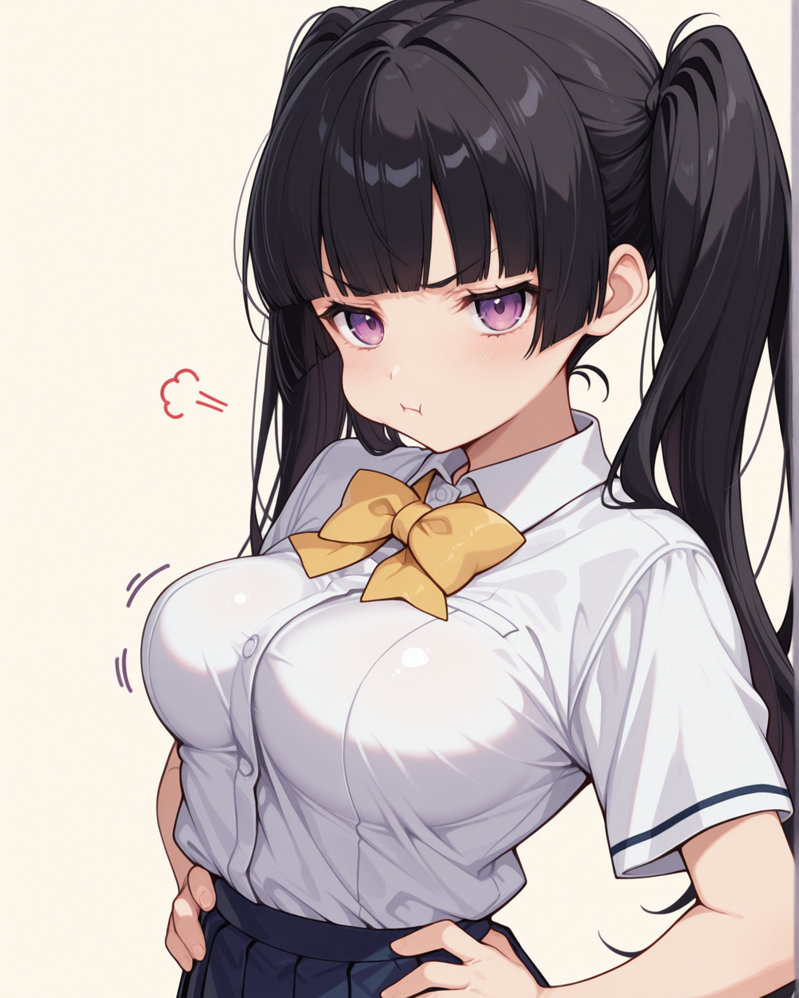 masterpiece, best quality, 1girl, solo, tenka_academy_uniform, black hair, twintails, blunt bangs, purple eyes, pout, closed mouth, looking at viewer, medium breasts, standing, upper body, <lora:Tenka_Academy_uniform:1> hands on hips, yellow bow, pleated skirt, simple background,