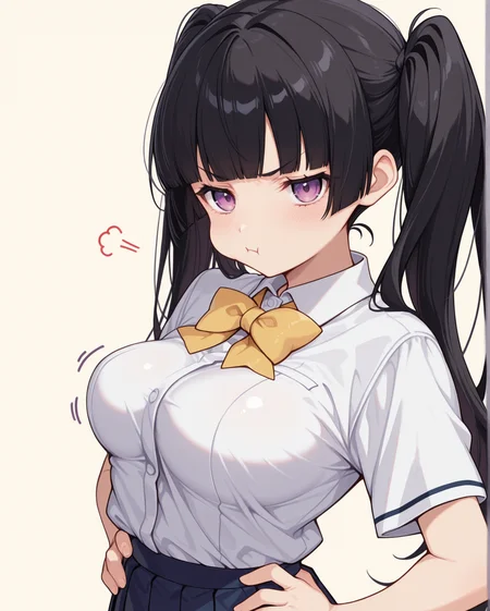masterpiece, best quality, 1girl, solo, tenka_academy_uniform, black hair, twintails, blunt bangs, purple eyes, pout, closed mouth, looking at viewer, medium breasts, standing, upper body, <lora:Tenka_Academy_uniform:1> hands on hips, yellow bow, pleated skirt, simple background,