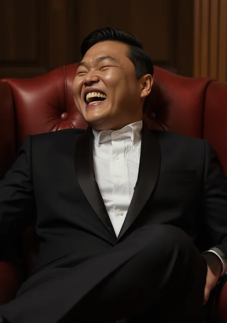 A professionally shot photograph of man in a tuxedo reclining on a luxurious armchair. He is laughing hard and trying to catch his breath